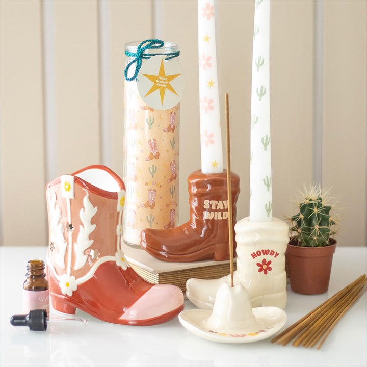 Brown Cowboy Boot Candle Holder with Taper Candle