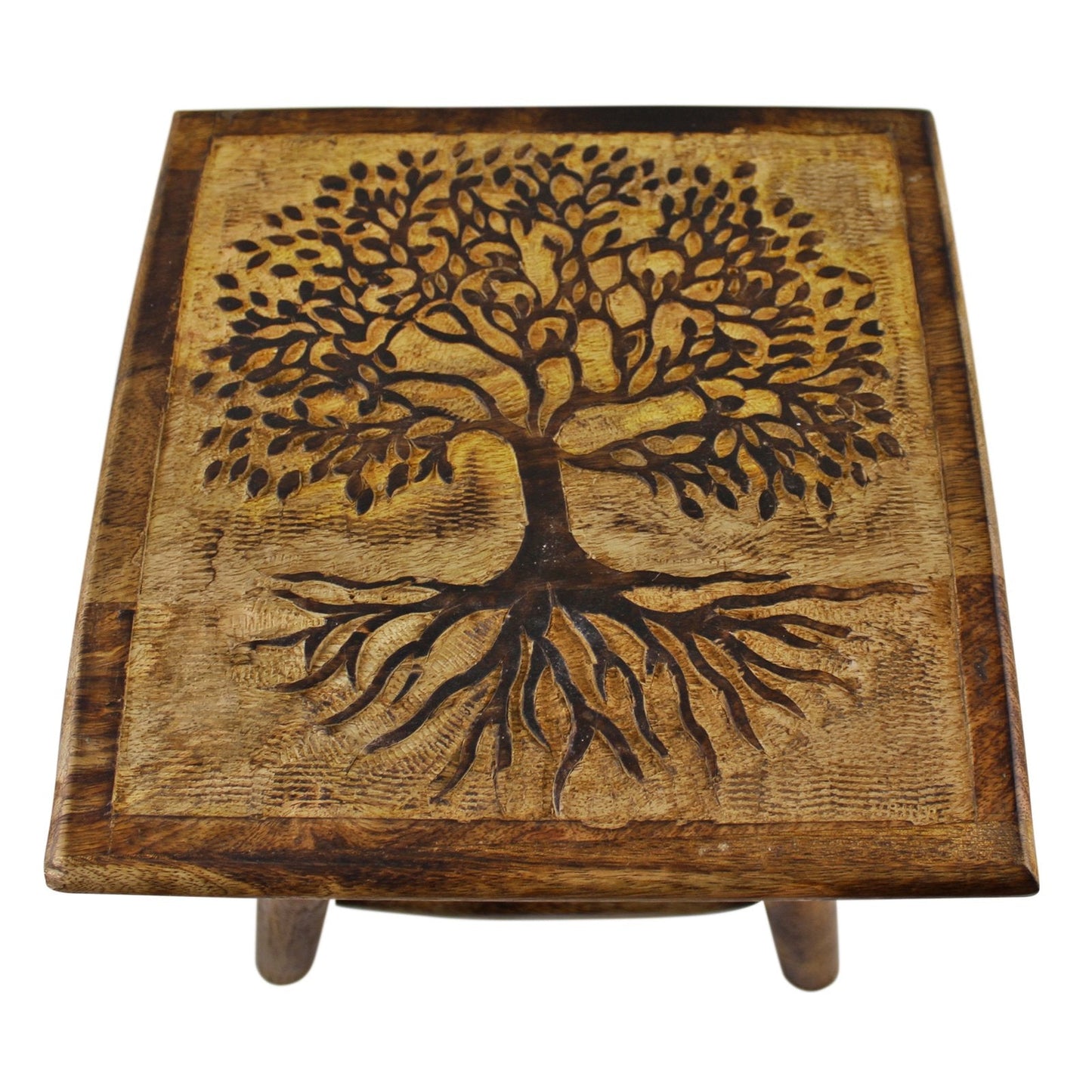 Tree of Life Hand Carved Stool, 25cm-1