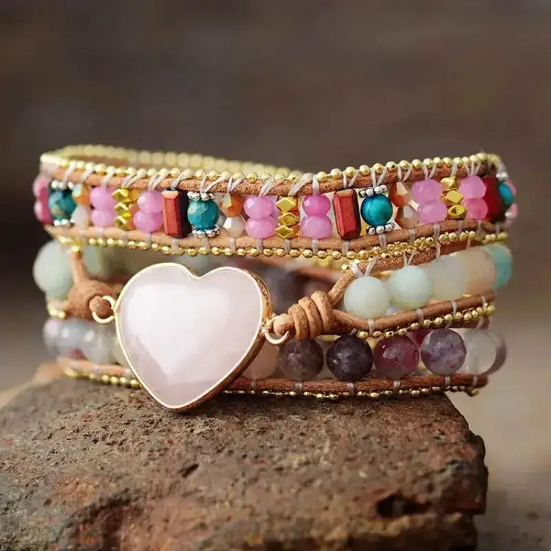 Rose Quartz & Tourmaline Heart Wrap Bracelet-3