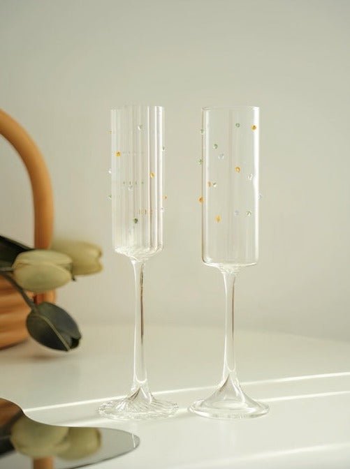 Handblown Rainbow Sprinkles Champagne Flutes Set of 2 Pcs - Whimsical Wine Glasses-0