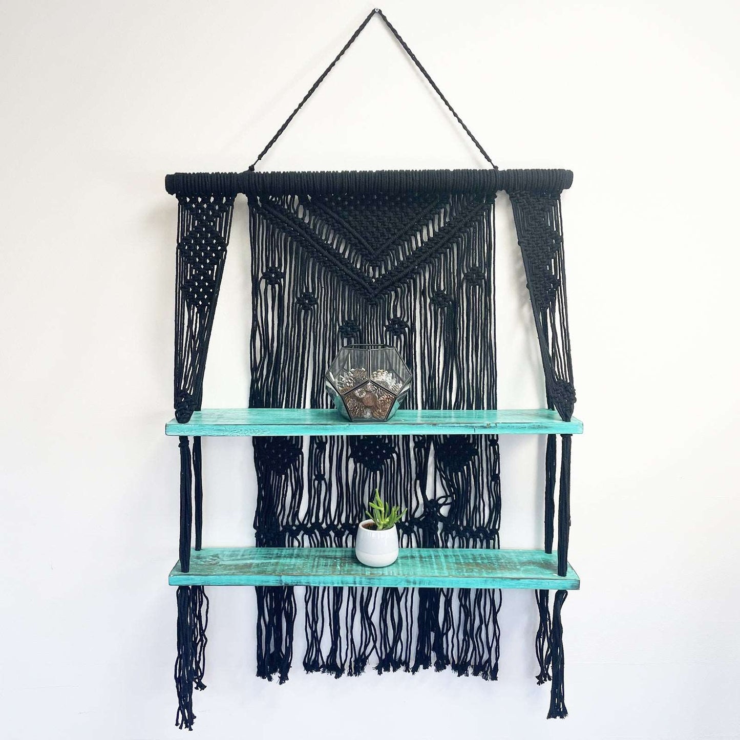 Black Macrame Hanging Shelves - Turquoise