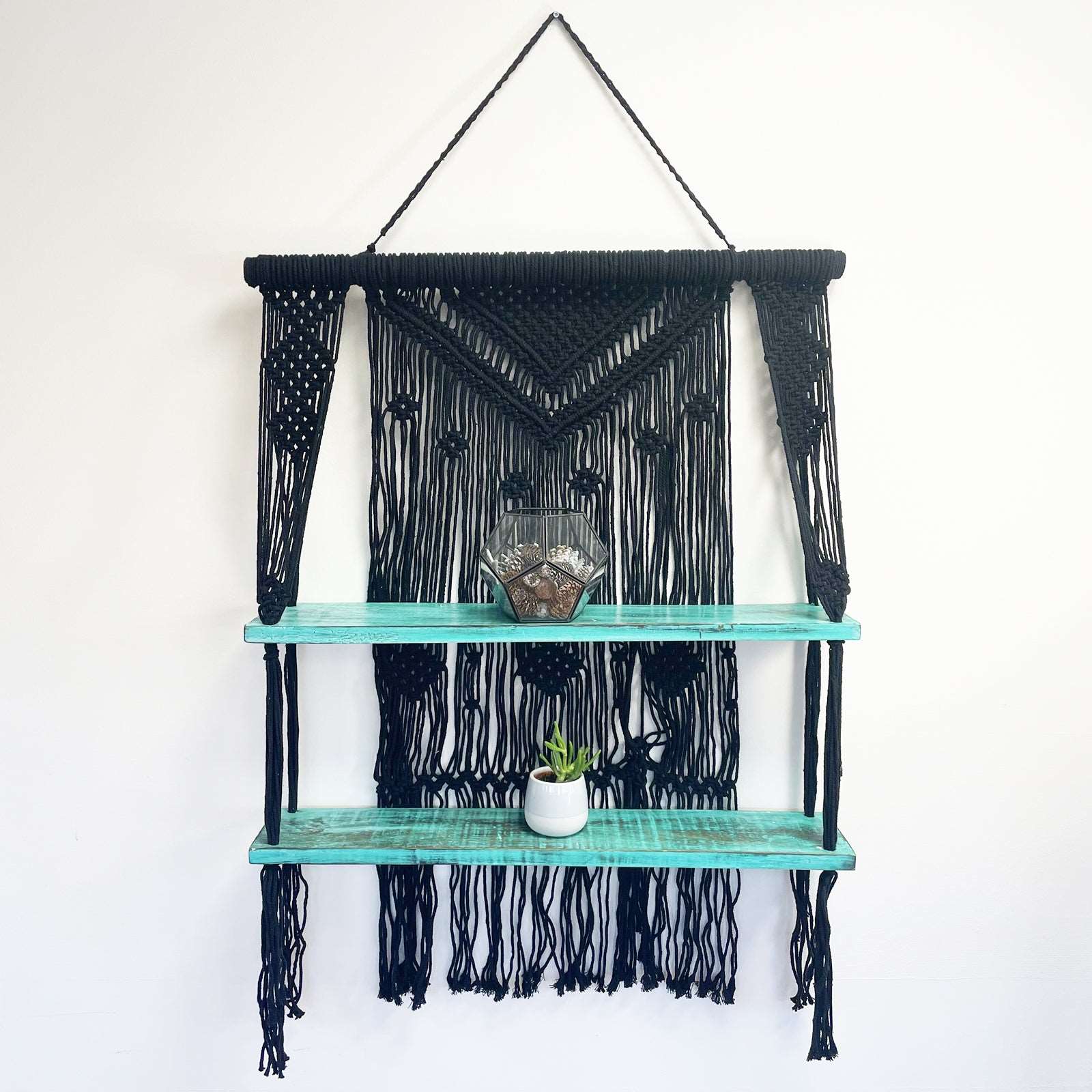 Black Macrame Hanging Shelves - Turquoise