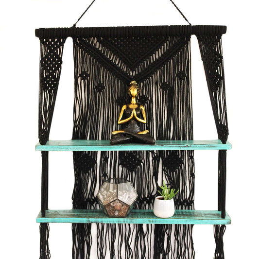 Black Macrame Hanging Shelves - Turquoise