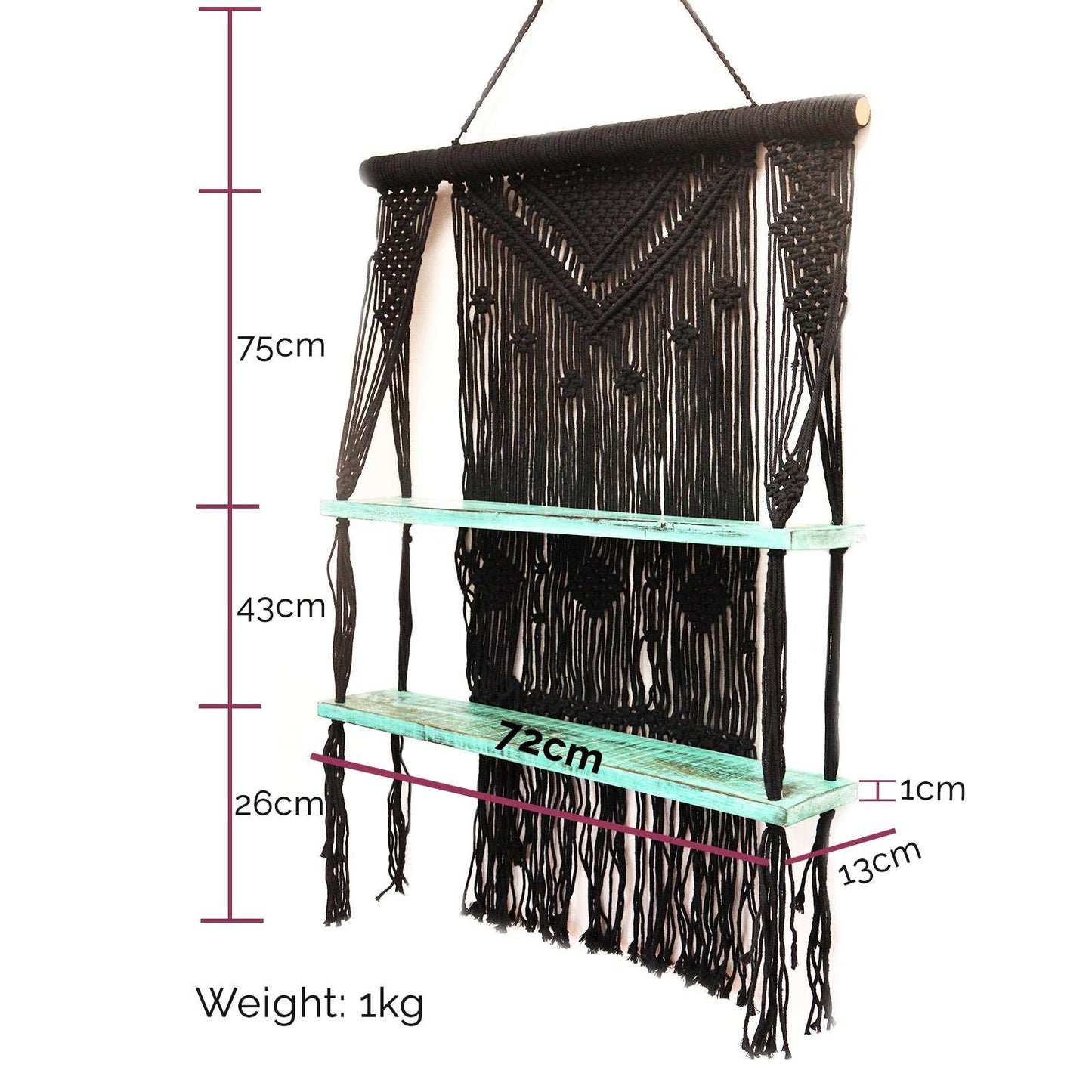 Black Macrame Hanging Shelves - Turquoise