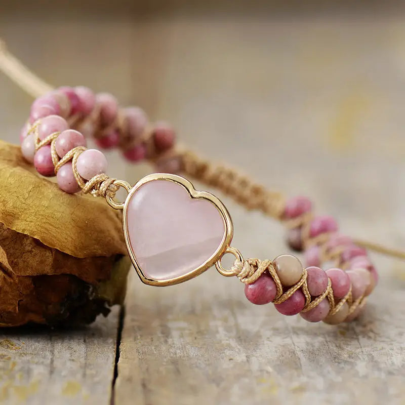 Rose Quartz Heart Charm Bracelet-0