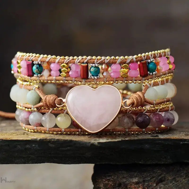 Rose Quartz & Tourmaline Heart Wrap Bracelet-0