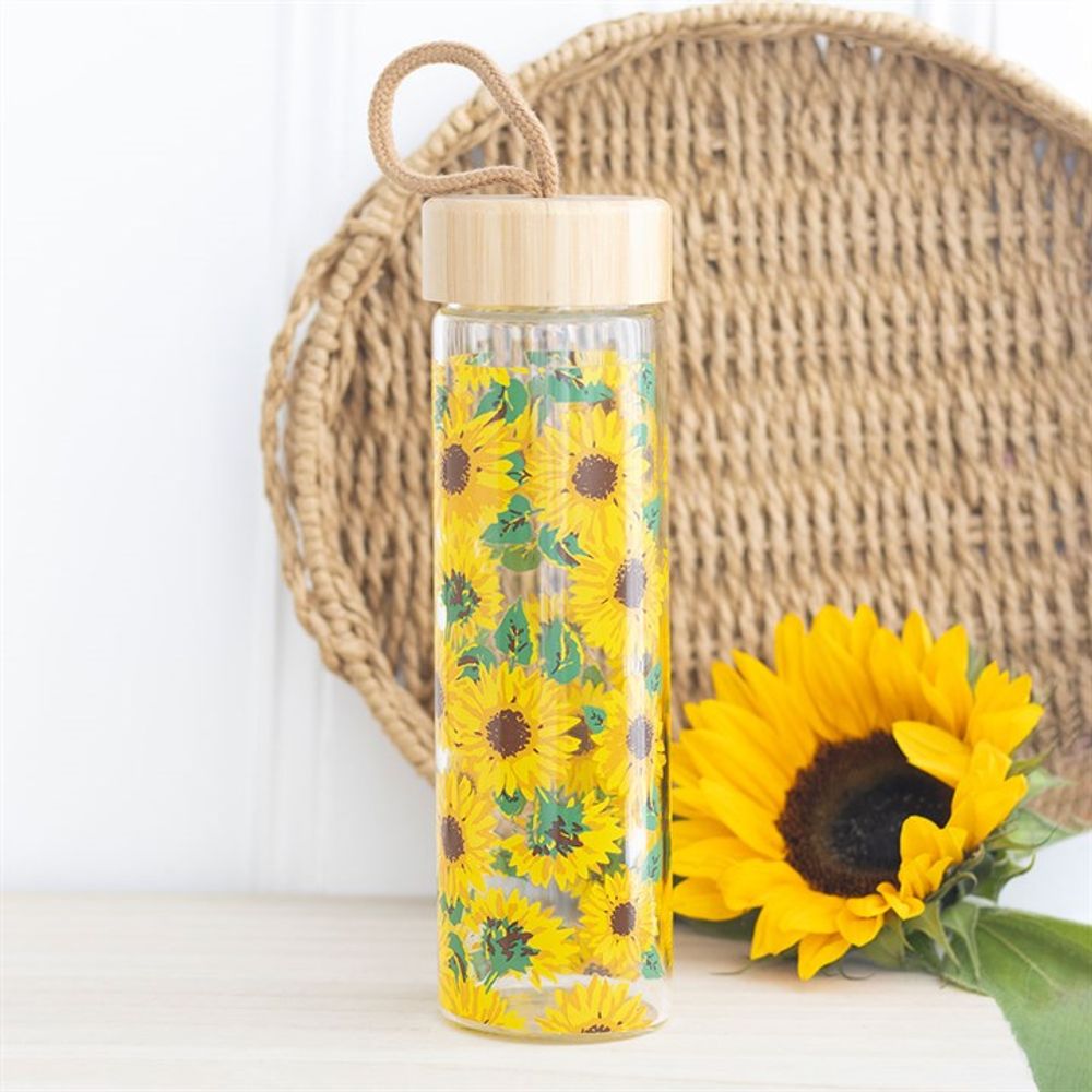 Sunflower Print Glass Water Bottle