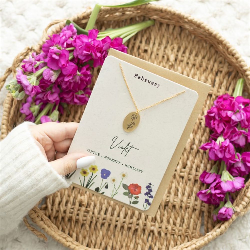 February Violet Birth Flower Necklace Card